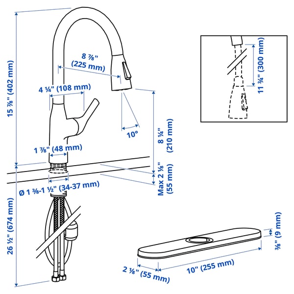 MACKSJÖN Kitchen mixer tap pull down w spray, brass-colour