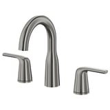 Modern chrome tap, sleek curved design with two handles, stainless steel construction, easy to clean surface.