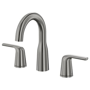 Modern chrome tap, sleek curved design with two handles, stainless steel construction, easy to clean surface.