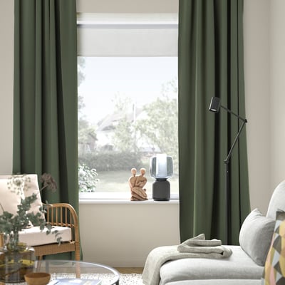 MAJGULL Block-out curtains, 1 pair, dark green/with heading tape, 145x250 cm