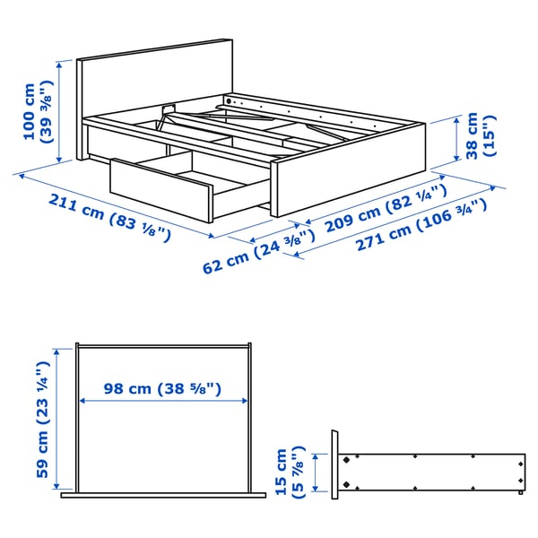 MALM Bed frame, high, w 2 storage boxes, dark brown veneer, King