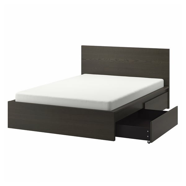 MALM Bed frame, high, w 4 storage boxes, dark brown veneer/Luröy, King