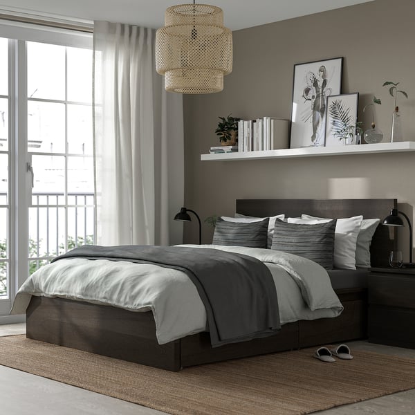 MALM Bed frame, high, w 4 storage boxes, dark brown veneer/Luröy, King