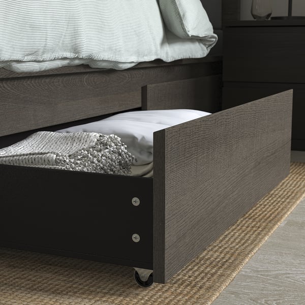MALM Bed frame, high, w 4 storage boxes, dark brown veneer, King