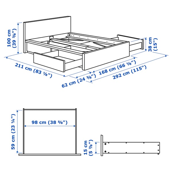 MALM Bed frame, high, w 4 storage boxes, oak veneer/Luröy, Queen