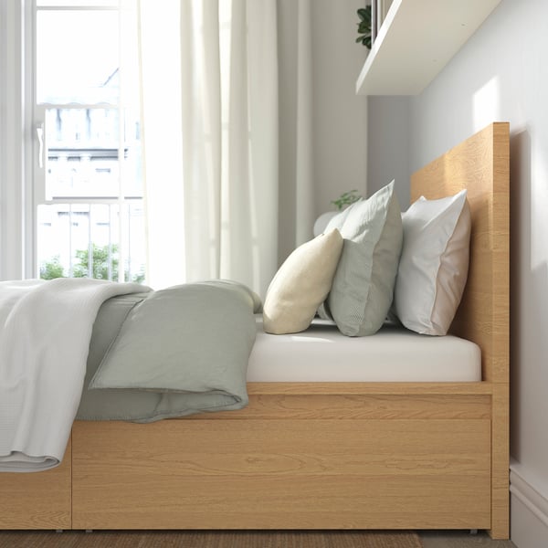MALM Bed frame, high, w 4 storage boxes, oak veneer/Luröy, King