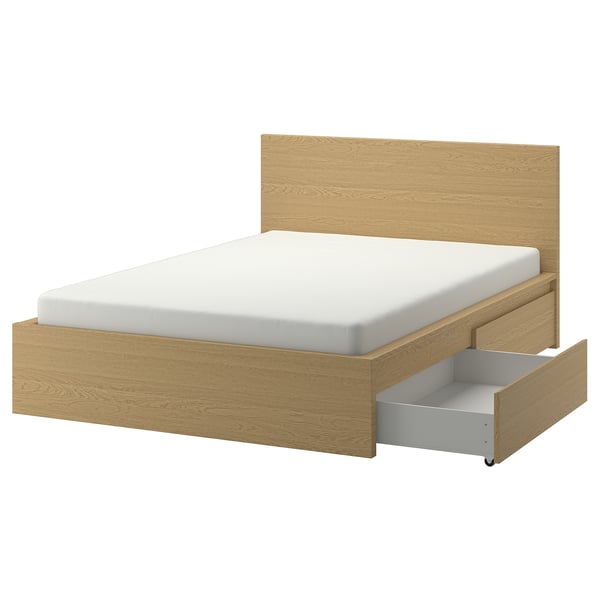 MALM Bed frame, high, w 4 storage boxes, oak veneer/Luröy, King