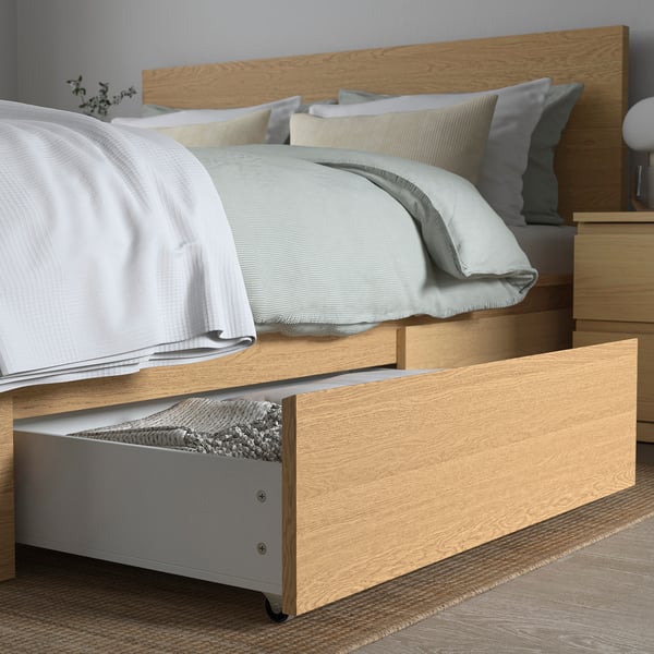 MALM Bed frame, high, w 4 storage boxes, oak veneer/Luröy, King