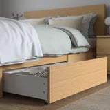 MALM Bed frame, high, w 4 storage boxes, oak veneer/Luröy, King