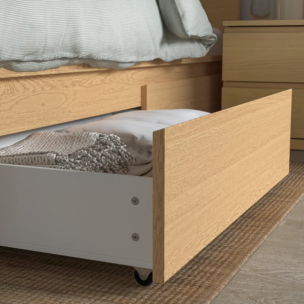 MALM Bed frame, high, w 4 storage boxes, oak veneer/Luröy, King