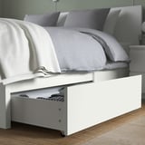 MALM Bed frame, high, w 4 storage boxes, white/Luröy, Full