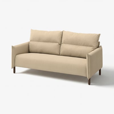 MANNARP beige sofa, modern design, high back, cushions, wooden legs.