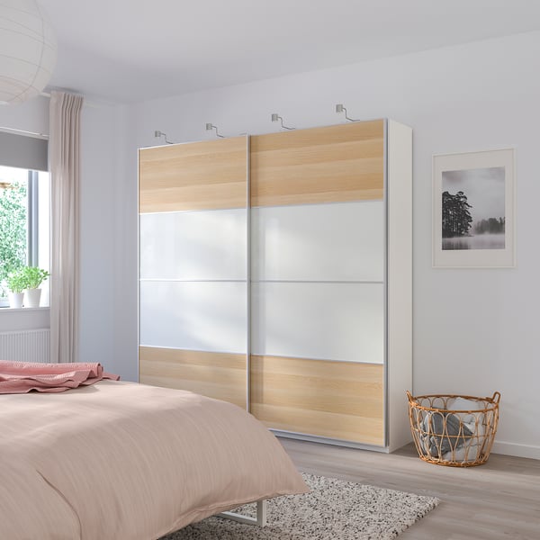 MEHAMN 4 panels for sliding door frame, white stained oak effect/white, 100x201 cm
