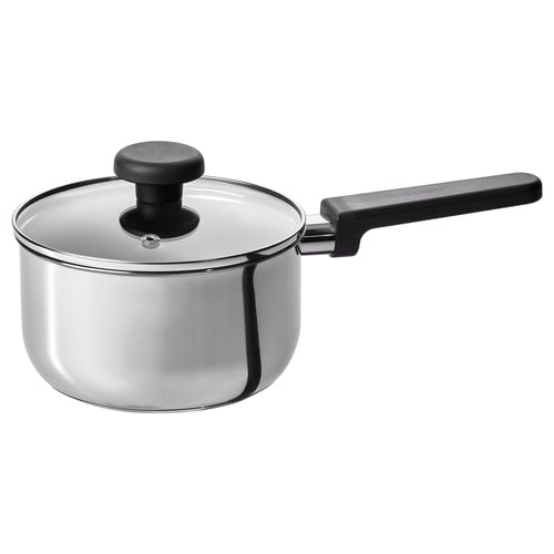 Silver saucepan with black handle and lid, stainless steel, round design, glass lid, sol-gel ceramic coating.