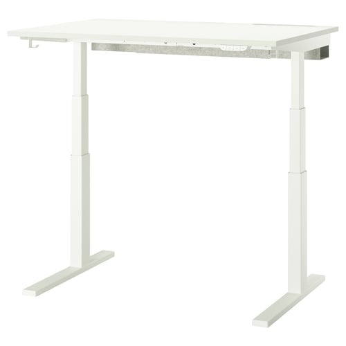 MITTZON, a white, rectangular, height-adjustable sit/stand desk with sturdy metal legs.