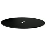 A black MITTZON table top. Its round with a smooth surface. Made of particleboard and ash veneer.
