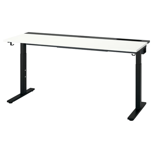 The MITTZON adjustable desk, black, with metal legs and hooks, ready for use in offices.