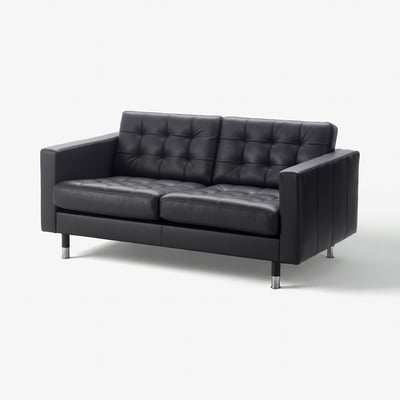 MORABO: sleek black leather loveseat, chrome legs, button-tufted back.