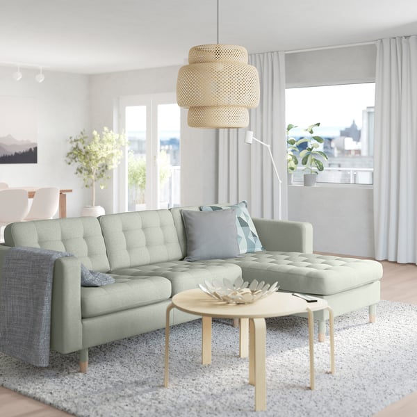 MORABO 3-seat sofa with chaise longue, Gunnared light green/wood