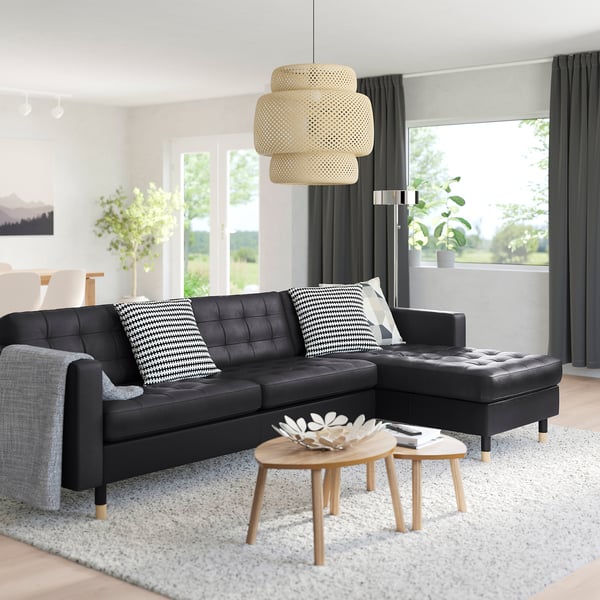 MORABO 4-seat sofa with chaise longue, Grann/Bomstad black/wood