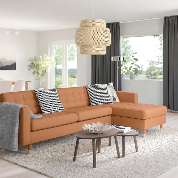 MORABO 4-seat sofa with chaise longue, Grann/Bomstad golden-brown/wood