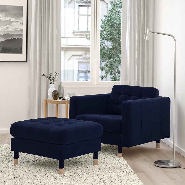 MORABO footstool, Djuparp dark blue/wood IKEA