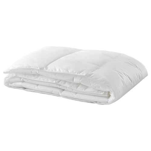 White myskgras duvet. Rectangular shape, folded neatly. Simple, clean design.