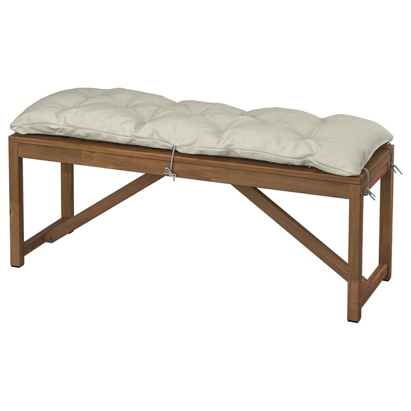 NÄMMARÖ Bench with cushion, light brown stained/light grey-beige, 120 cm