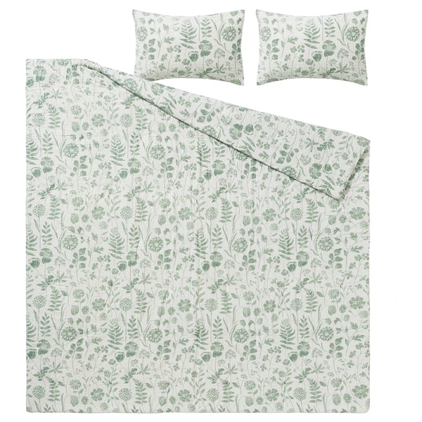 Grey-green floral bedding set, comforter & shams, cotton-viscose, nature-inspired.