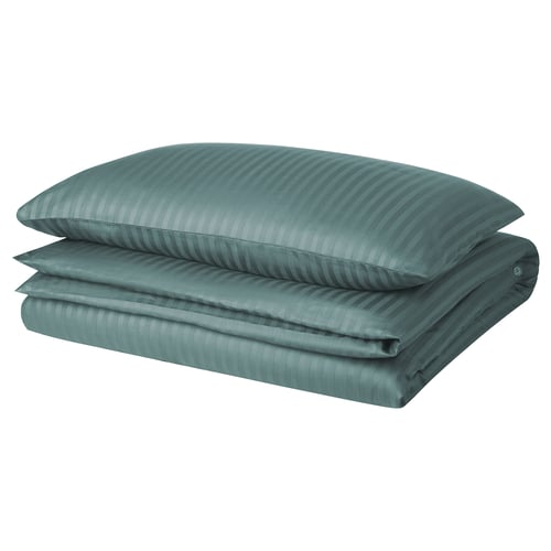 Teal NATTJASMIN bedding set, striped sateen texture, folded with matching pillowcases, soft cotton-lyocell blend.