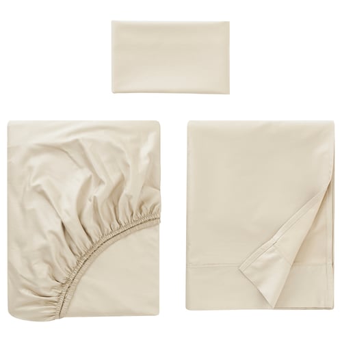 NATTJASMIN bedding set in beige, featuring silky soft sheet, fitted sheet, and pillowcase, sateen-woven with cotton and lyocell for luxurious comfort.