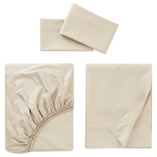 Three beige bed sheets displayed: flat and folded. One shows elastic corner, another has pocket detail, and the third is smooth, neatly folded.