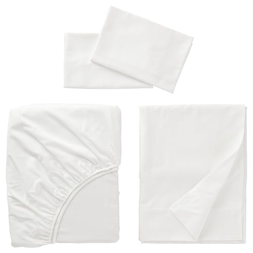 Three white bed linens laid flat: fitted sheet, flat sheet, and two pillowcases. Satin smooth texture, elegant look.