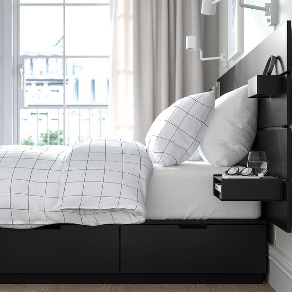 NORDLI Bed frame with storage and mattress, with headboard anthracite/Vågstranda plush, Queen
