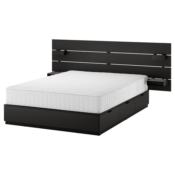 NORDLI Bed frame with storage and mattress, with headboard anthracite/Vågstranda plush, Queen