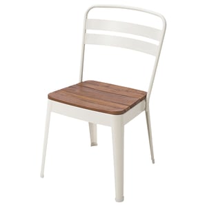 White metal chair with wooden seat, indoor/outdoor use, curved back for comfort.