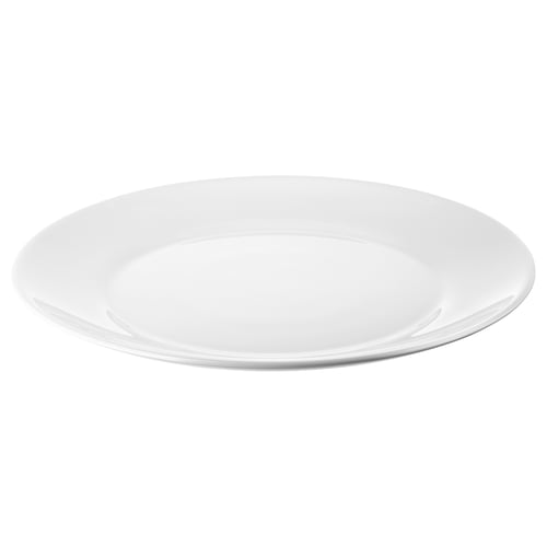 Round, white, opaque glass dinner plate, smooth rim.