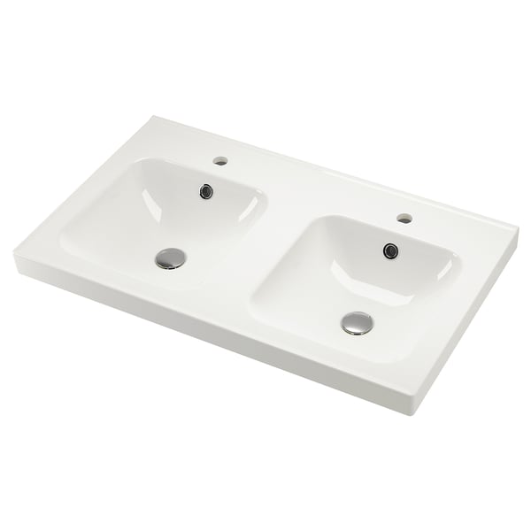 Double basin vanity in white, sleek design, perfect for modern bathrooms.
