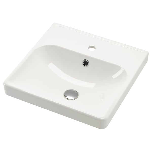 ORRSJÖN white ceramic sink, semi-recessed, sleek design, chrome drain, and tap hole.