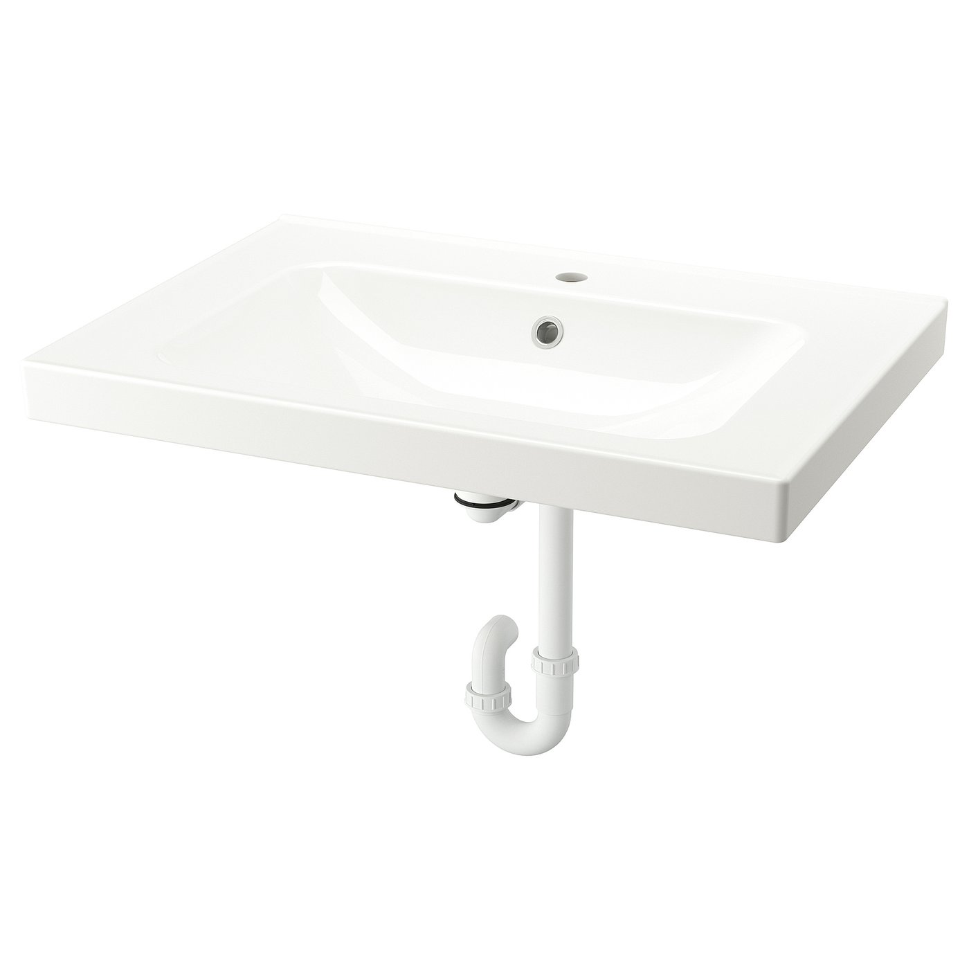 White ORRSJÖN ceramic basin, sleek design, rounded edges, central drain.