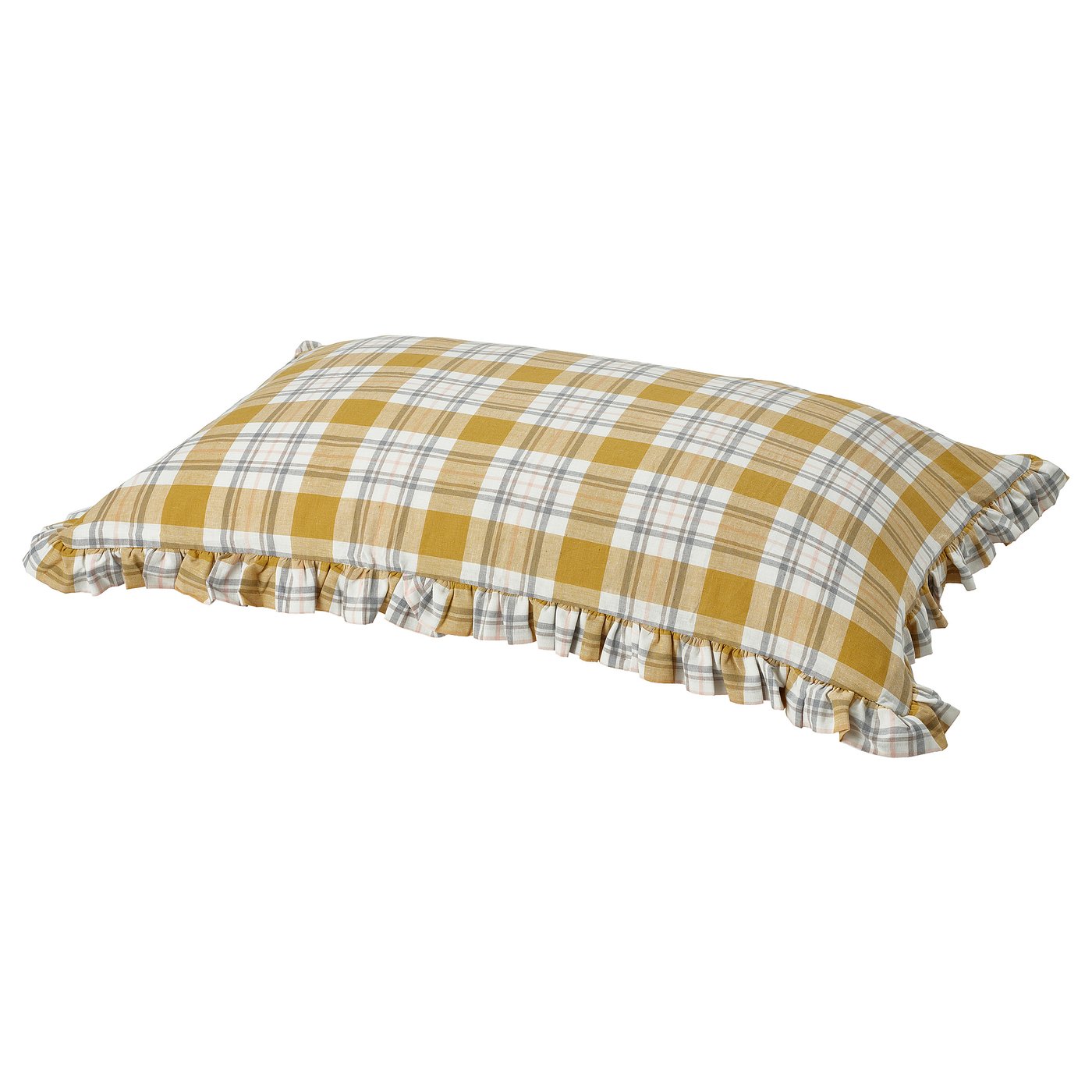 PARKOLVON mustard yellow plaid pillowcase with ruffled edges, 100% cotton.