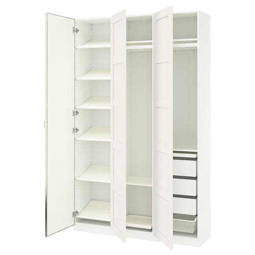 A white PAX wardrobe, narrow and tall with mirrored doors, featuring shelves and a shoe rack inside.
