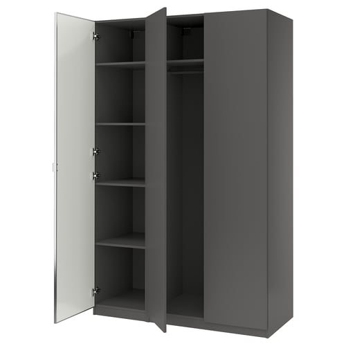 A grey, wall-mounted PAX wardrobe with mirror doors, featuring multiple shelves and a clothes rail inside.