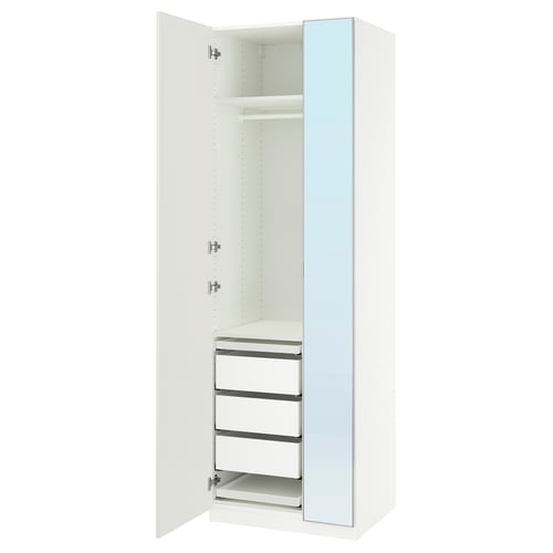 White PAX wardrobe, narrow and tall, one door open revealing shelves and drawers.