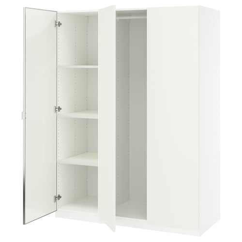 A white PAX wardrobe with mirrored sliding doors and adjustable shelves.