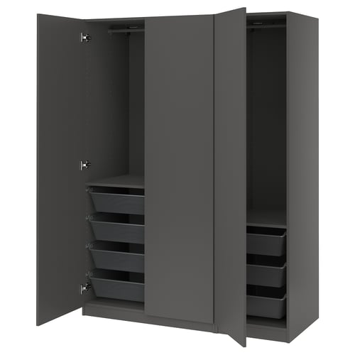 Modern grey PAX wardrobe with open mesh drawers, metal rail, and soft-close hinges.