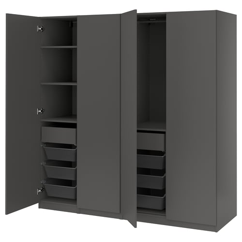 Dark grey PAX wardrobe with open doors, mesh baskets, and shelves.