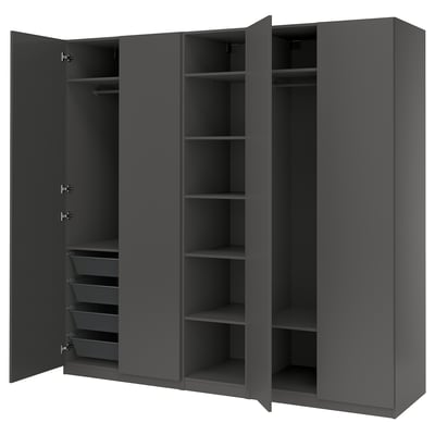Grey PAX wardrobe with open doors, shelves, hanging rods, and mesh drawers.