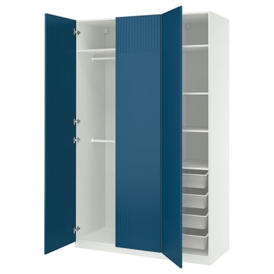 An open white and blue PAX wardrobe with shelves and drawers.