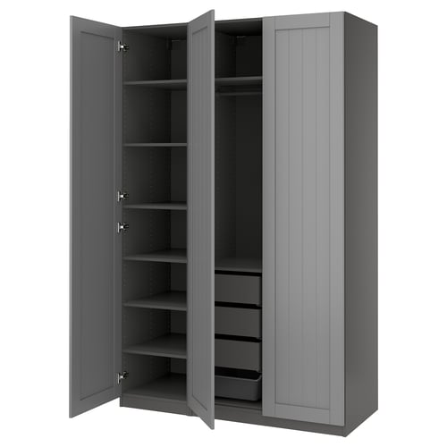 A grey PAX wardrobe with open doors, revealing adjustable shelves and a hanging rod. Its made of particleboard and fiberboard with a modern design.